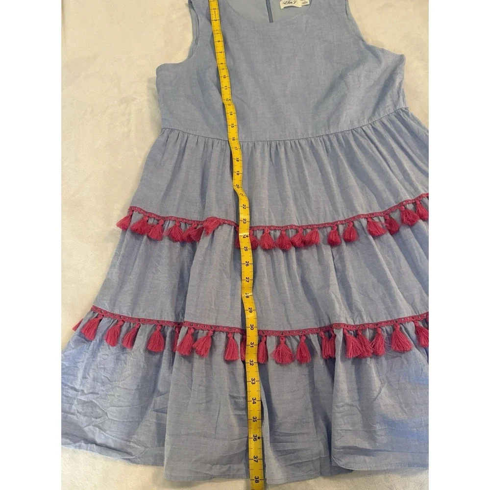 Eliza J Dress Size 14 Blue Chambray Pink Tassels Sleeveless Tiered Dress Preppy - Picture 8 of 9
